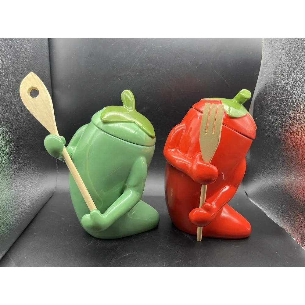 Red & Green Chili Pepper Cookie Jar/Canisters With Arms And Lid 10.75